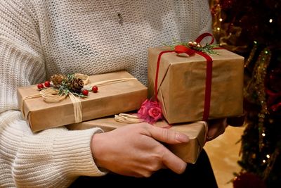 Midsection of person holding christmas tree in box