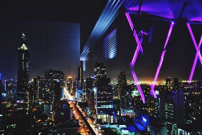 High angle shot of illuminated cityscape at night