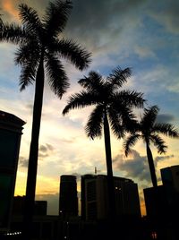 Low angle view of silhouette palm trees against cloudy sky