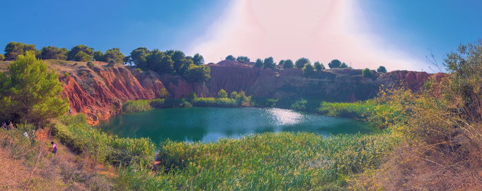 Panoramic view of trees by lake against sky