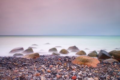 Romantic morning at sea. big boulders sticking out from smooth wavy sea. pink horizon with hot sun