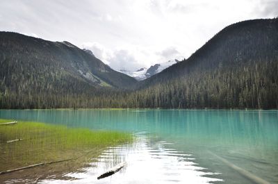 Scenic view of lake and mountains against sky