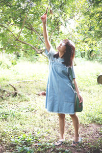 Teenage girl plucking tamarinds from tree while standing on field