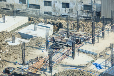 High angle view of construction site in city during winter