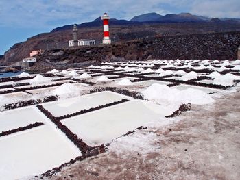 High angle view of snow on field by buildings against sky