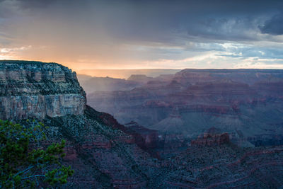 Scenic view of mountains against sky during sunset