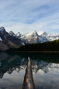 Scenic view of lake by snowcapped mountains against sky