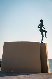 Low angle view of man standing by sea against clear sky