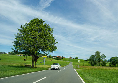 Car on road amidst trees against sky
