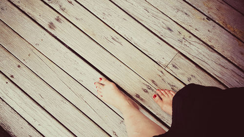 Low section of person with cat on hardwood floor