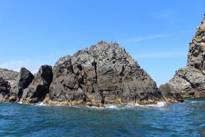 Scenic view of sea against clear blue sky