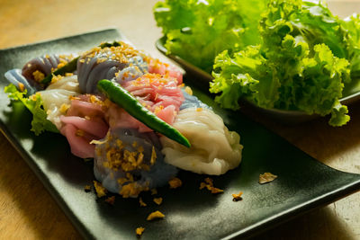 High angle view of chopped vegetables on table