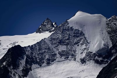 Panoramic view of snowcapped mountains against clear sky