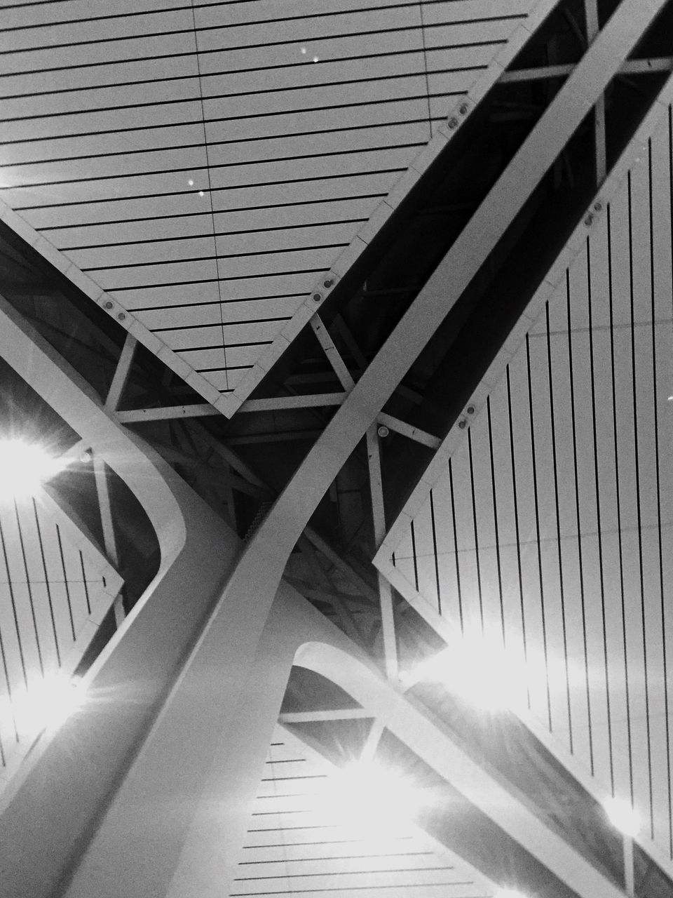 architecture, built structure, low angle view, indoors, ceiling, no people, bridge - man made structure, sunlight, illuminated, modern, underneath, day