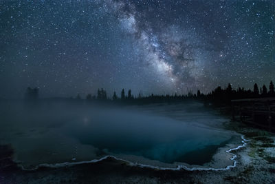 Scenic view of hot spring against sky at night