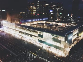 High angle view of illuminated cityscape at night