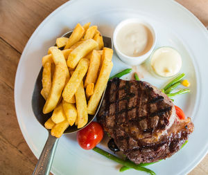 High angle view of food served on table