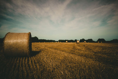 Hay bales on field against sky