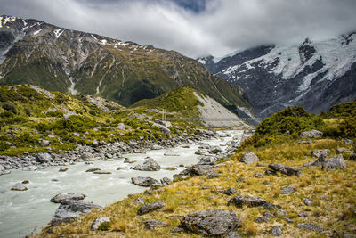 Hooker valley with snow capped mountains