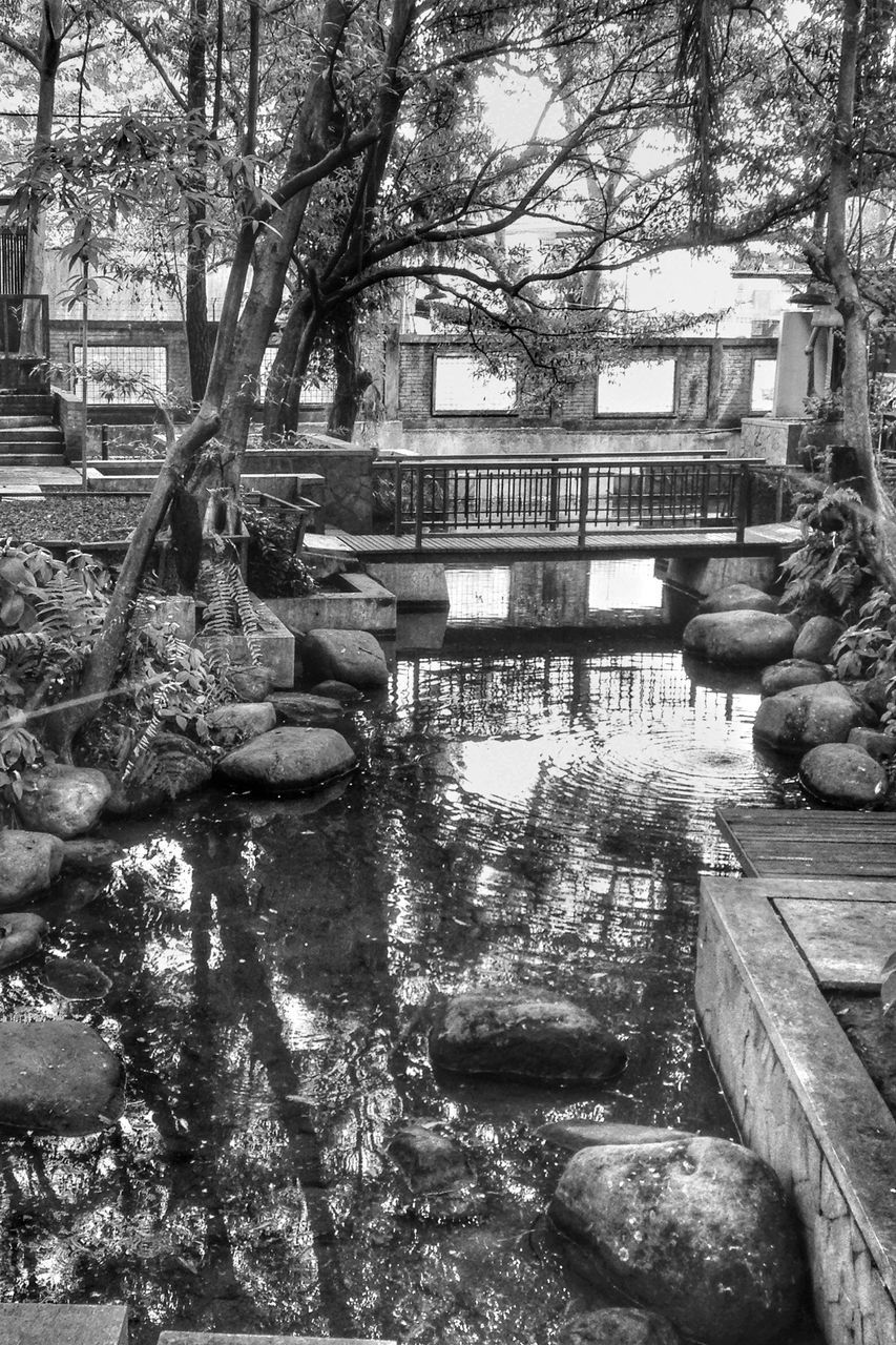 tree, water, built structure, architecture, building exterior, canal, reflection, branch, river, bridge - man made structure, footbridge, railing, bare tree, day, outdoors, nature, rock - object, waterfront, house, sunlight