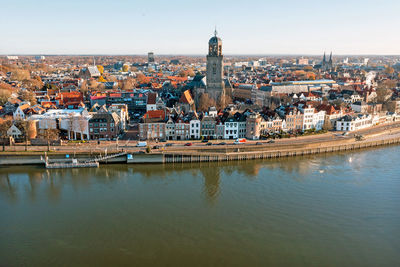 Aerial from the city deventer at the river ijssel with the lebinius church in the netherlands