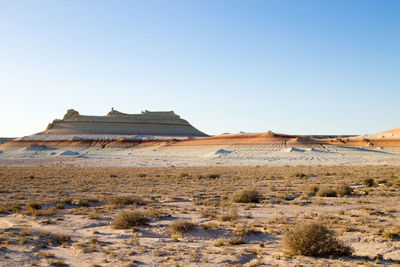 Scenic view of desert against clear sky