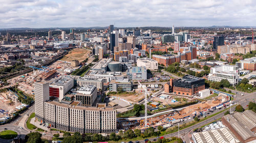 High angle view of buildings in city