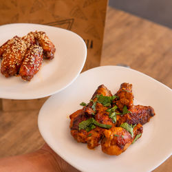 High angle view of food in plate on table