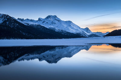 Scenic view of lake and snowcapped mountains against sky