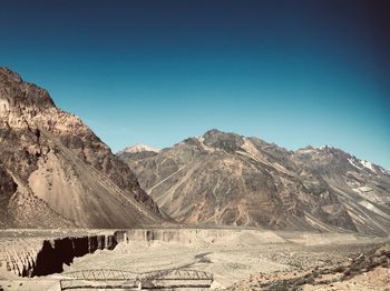 Scenic view of mountains against clear blue sky