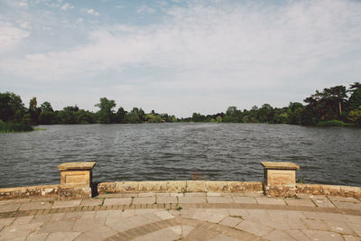 Scenic view of lake against cloudy sky