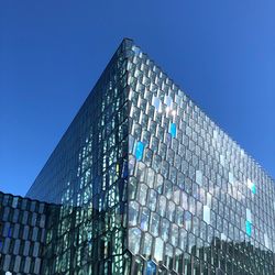 Low angle view of modern building against clear blue sky