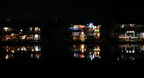 Reflection of illuminated buildings in lake at night