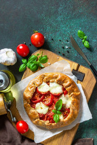 High angle view of pizza on table