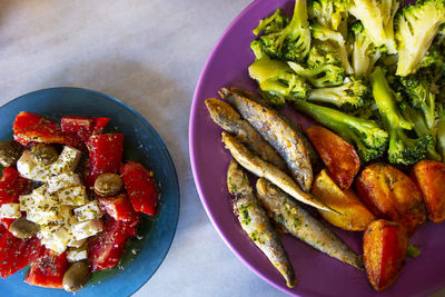 High angle view of meal served on table