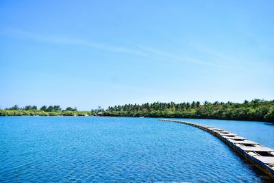 Scenic view of lake against clear blue sky