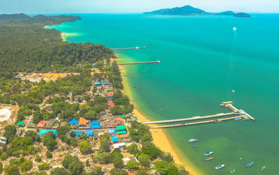 High angle view of bay against clear sky