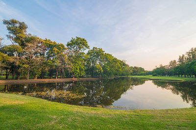 Scenic view of lake by trees against sky