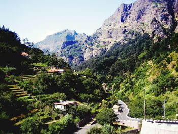 High angle view of trees and mountains against clear sky