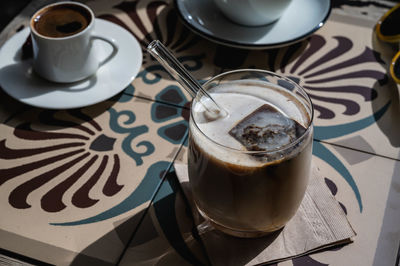 High angle view of coffee on table