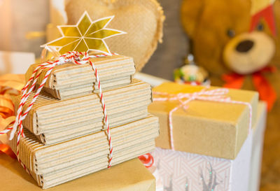 Close-up of christmas decorations on table