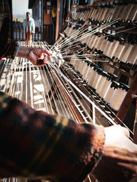 High angle view of man working at store