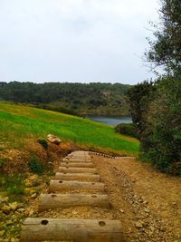 Footpath amidst green landscape against sky