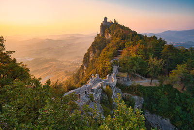 Scenic view of mountain against sky during sunset