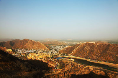 Aerial view of jaigarh fort and mountains against clear sky