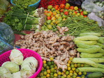 High angle view of vegetables for sale in market