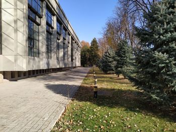Footpath amidst trees and buildings against sky