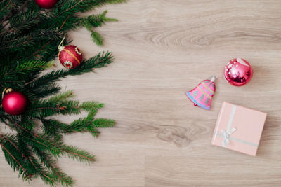 High angle view of christmas decorations on table
