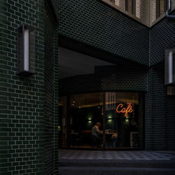 Woman on illuminated street against building at night