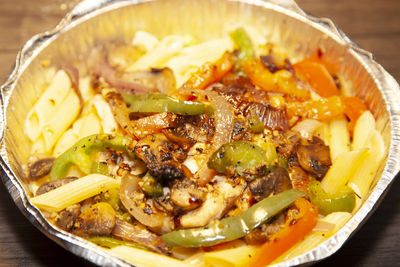 High angle view of noodles in bowl on table